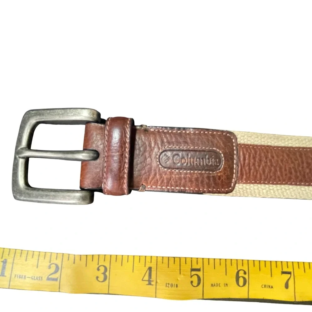 Mens Brown Leather Canvas Rugged Outdoor Casual Webbing Belt Size 36 Columbia